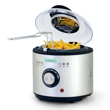 Augosma Mini friteuse à huile | 850-950 W l Capacité : 1 l l Fenêtre de visualisation l Panier à friture en acier inoxydable l Température réglable l Isolation thermique l Revêtement en caoutchouc