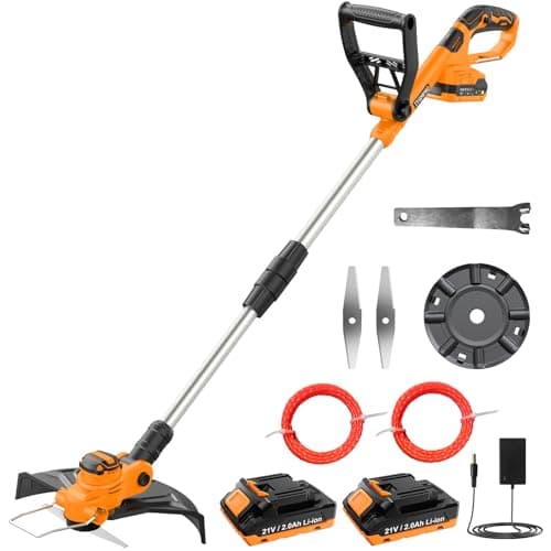 JYGMPRO Coupe Bordure sans Fil 21V, Débroussailleuse à Batterie Brushless avec 2 Batteries 2.0Ah, 2 Bobines (5m), 2 Lames, Poignée Réglable, Tube Télescopique, Tête Pivotante 90°pour Jardin Élagage