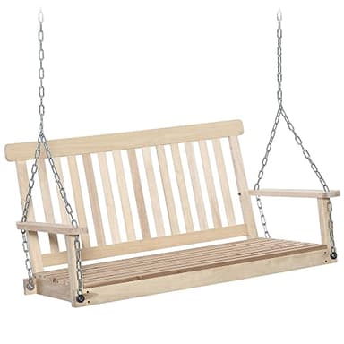 Outsunny Banc suspendu 2 places balançoire de jardin à suspendre, dossier et assise à lattes en bois, balancelle charge jusqu'à 200 kg, balançoire d'extérieur de porche, balcon, terrasse, bois naturel