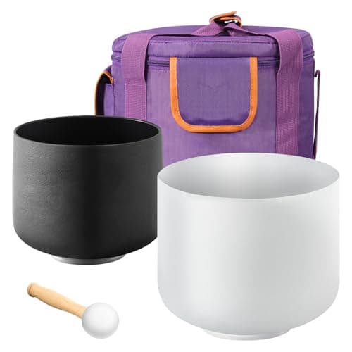 VEVOR Bols chantants en cristal de quartz givré, 2 PCS, 20,3 cm et 25,4 cm, notes A et F, avec sac transport 25,4 cm, 1 maillet en caoutchouc, 2 joints toriques, pour méditation, yoga, guérison sonore