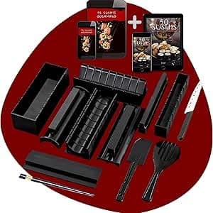 Kit Sushi Maki divers Formes de moules avec Guide vidéo et 50 Recettes+15 en cadeaux | 12 Pièces avec Couteau japonais et Baguettes Appareil pour fabrication de sushis sans BPA Idée cadeau
