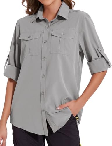 Tuopuda T- Shirts Été Haut Femme Chemisier de Travail Tops Décontractés Ample Veste Sport Anti-UV Outdoor Cool Pêche Randonnée Camping Voyage Cache-Maillots Séchage Rapide, Gris, M