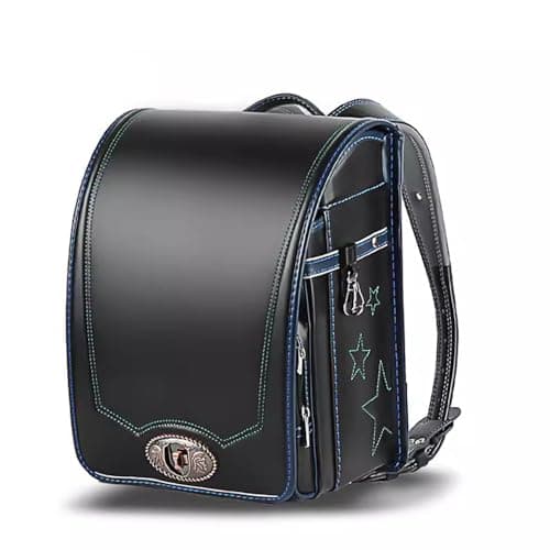 ZCBYBT Sac d'école Japonais en Cuir PU Ransel Randoseru, Sac à Dos léger avec Serrure Automatique pour garçons,Noir,34 * 26 * 20cm