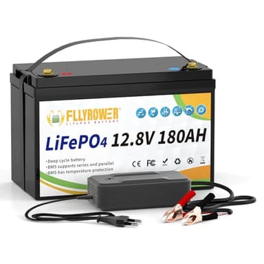 FLLYROWER Lifepo4 Batterie au lithium rechargeable 12 V 180 Ah avec BMS et cellules de classe A 16500 cycles profonds pour moteur de trolling RV Golf Cart Off Grid Home Energie