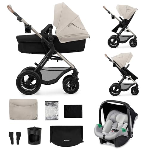 Kinderkraft MOOV2 AIR Poussette 3 en 1, Système de voyage de la naissance à 27 kg, Siège auto Mink PRO I-Size inclus, Capote extensible avec filtre UPF50+, Roues gonflables, Gris