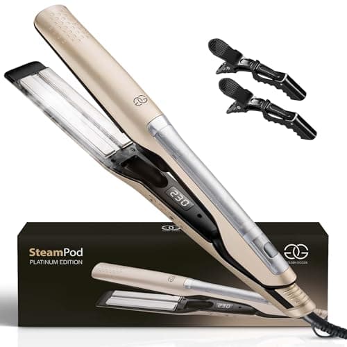 Lisseur Vapeur Champagne Golden Goods Steampod Pro Vapeur puissante, Fer a Boucler 10 réglages de température jusqu'à 230ºC, Tous types de cheveux Céramique et ionique, Lisseur Cheveux