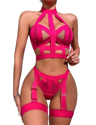 Aranmei Ensembles de Lingerie Sexy pour Femmes 4 Pièces Ensembles de Lingerie Évidés Licou avec Porte-Jarretelles Ensembles de Soutien-Gorge et de Culottes avec Poignets de Cuisse Rose Rouge M