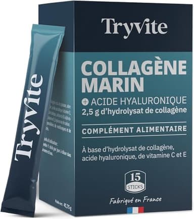 Collagene Marin Type 1 et 2 Premium avec Vitamines C & E | 2500 mg Collagene Marin Acide Hyaluronique pour Peau, Cheveux & Articulations | Haute Absorption | TRYVITE | 15 sticks