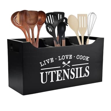 Karisky Porte-ustensiles de cuisine avec fond de drainage, grand 3 compartiments en bois véritable massif pour comptoir de cuisine, rangement d'outils de cuisine de ferme pour comptoir, noir