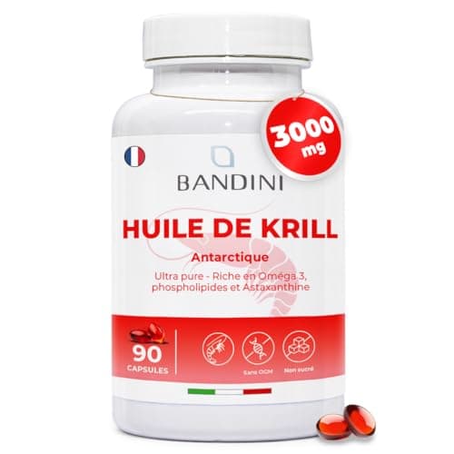 Bandini® Huile de Krill Pure d' Antarctique 3000mg Oméga 3 | 465 mg DHA et EPA, 1200 mg Phospholipides Marins, Source de Astaxanthine, Acides Gras Essentiels Omega-3 | Idéal pour le coeur - 90 gélules