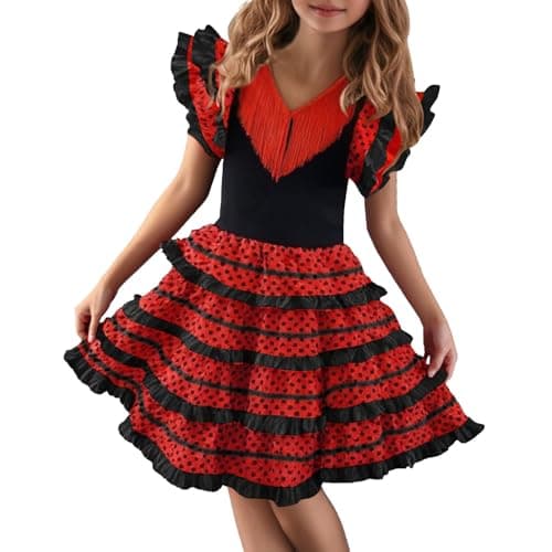 Robe de flamenco - Costume de danse espagnole - Jupe à volants - Tenue de performance - Bretelles réglables - 2 à 11 ans, 01#_rd1, 6-7 ans
