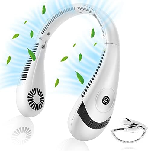 AngLink Ventilateur USB - Ventilateur de Cou Portable avec Affichage LED, Ventilateur de Cou Pliable Batterie 5000mAh, 3 Niveaux, pour Cuisine Extérieure Bureau Camping Voyage丨 Blanc