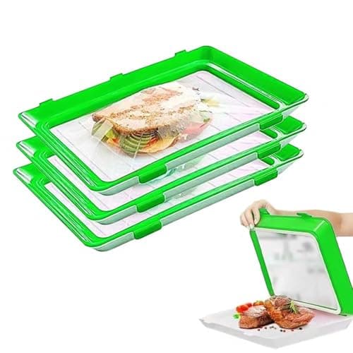 WJUAN Plateau de Conservation des Aliments, 3 Pièces Sous Vide Boite Conservation Alimentaire, avec Film Élastique, Boite a Jambon pour Refrigerateur, Stockage Aliments（Membrane élastique remplaçable）