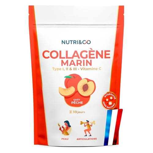 NUTRI & CO Collagène Marin Types 1 2 3 + Vitamine C - Peau & Articulations - 5500mg de Collagène Hydrolysé Breveté par Portion - Peptides en Poudre Goût Pêche 180g - Fabriqué en France