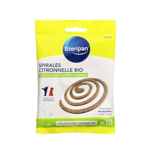 Steripan - Spirales Citronnelles Bio - 10 Spirales Incassables + Socle métal - Support Naturel en Fibres Végétales - Utilisation Extérieur