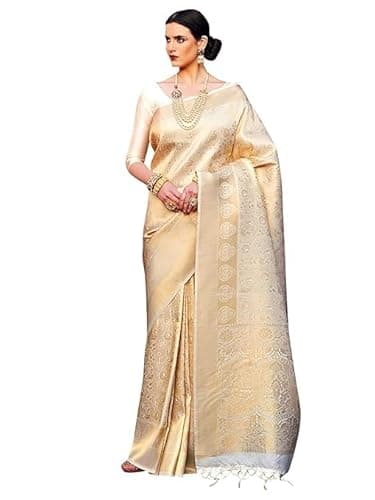 Jaanvi fashion Banarasi Sari de travail en soie avec jacquard Zari doré pour femme avec chemisier non cousu, Or pur, taille unique
