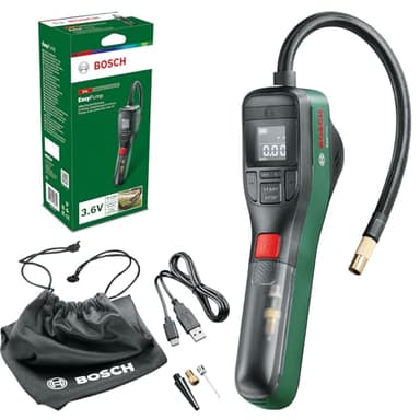 Bosch Pompe à vélo Pompe à air Mini-compresseur électrique EasyPump (Batterie 3,0 Ah, 3,6 V, Fonction Autostop, 150 PSI, 10,3 Bar, LED, Rechargeable Via câble USB-C, dans boîte Carton)