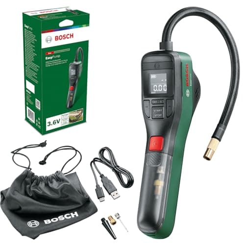 Bosch Pompe à vélo Pompe à air Mini-compresseur électrique EasyPump (Batterie 3,0 Ah, 3,6 V, Fonction Autostop, 150 PSI, 10,3 Bar, LED, Rechargeable Via câble USB-C, dans boîte Carton)