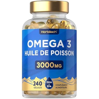Huile de Poisson Oméga 3 3000mg | 240 Gélules | Haute Concentration en EPA et DHA | Complément Alimentaire Hautement Dosé | Omega 3 Fish Oil Supplement | par Horbaach