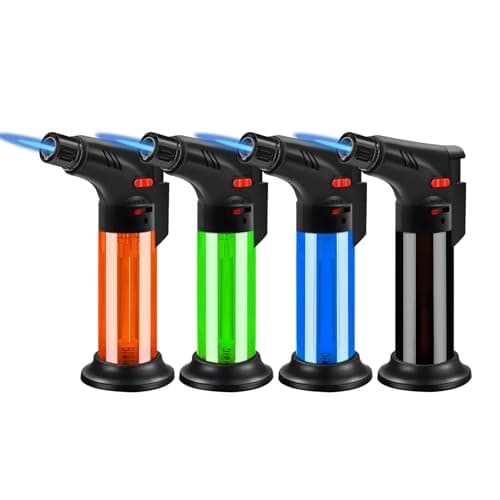 Navpeak Lot de 4 briquets flamme butane - Coupe-vent, rechargeable, flamme réglable - Rotation à 360° - Verrouillage de sécurité - Multifonction - Pour la cuisine, le camping, le barbecue (butane non