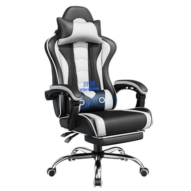 Yaheetech Chaise Gaming Massante Ergonomique Fauteuil Gamer Dossier et Appui-tête Hauteur Réglable avec Repose-Pied Similicuir Charge 136kg Noir Blanc