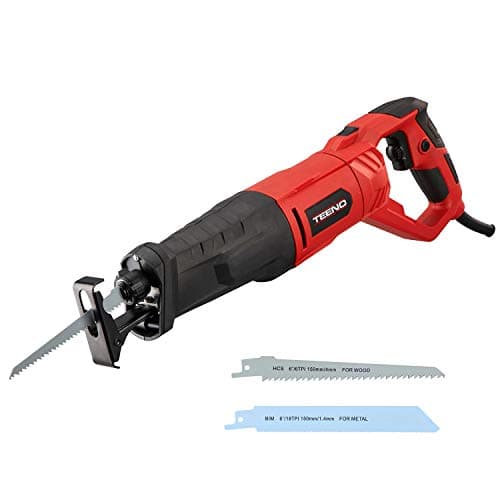 TEENO - Scie sabre, 850 W, avec câble, poignée pivotante (gauche et droite 90º), gâchette de vitesse variable, 2 lames (bois 6T HCS, métal 14T BIM), LED