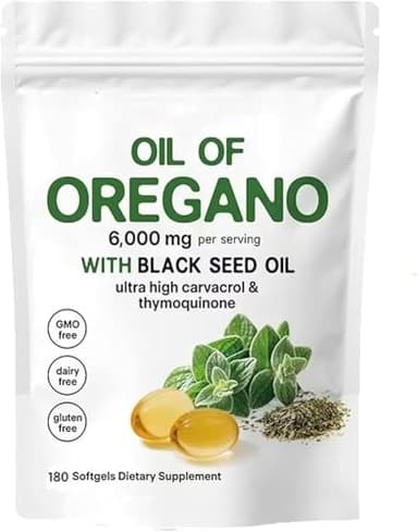 Huile d'origan Softgels, 2 en 1 6000 mg d'huile d'origan aux huiles de graines noires, capsules de supplément d'origan, faciles à avaler, pour renforcer le système immunitaire