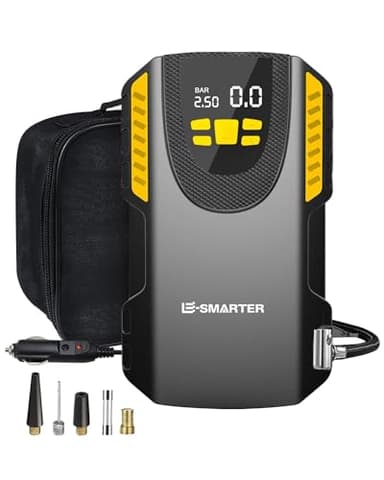 E-SMARTER Compresseurs d'air Portables, Jaune Gonfleur Pneus Voiture 12V Avec Double écran d'affichage en Temps Réel, Cylindre de 22mm, Pompes de Voiture Polyvalentes pour Pneus, Voiture, Vélo.