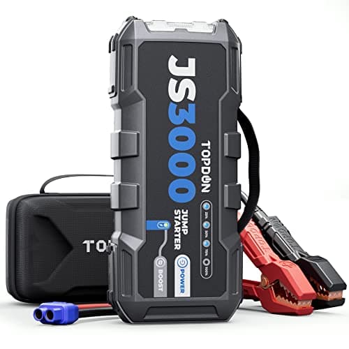 TOPDON Booster Batterie, JS3000 Demarreur Batterie Voiture 3000A/24000mAh Jump Starter Moteurs Diesel Jusqu'à 9 L et 7 L, Charge Rapide USB Lampe Poche LED intégrée