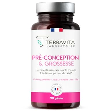 PRÉ-CONCEPTION ET GROSSESSE | Formule Complète avec Acide Folique Quatrefolic® + Choline Vitacholine™ + Vitamines et Minéraux | 90 Gélules | Made in France | Terravita