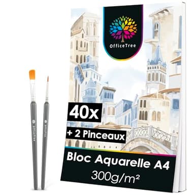 OfficeTree Papier Aquarelle A4-40 Feuilles - Papier Aquarelle 300g - Feuille Aquarelle A4 - Bloc Aquarelle - Papier dessin blanc - Feuille peinture - Avec 2 Pinceaux Gratuits - Watercolor Paper