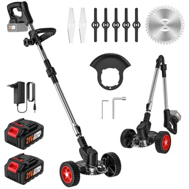 Debroussailleuse Electrique sans Fil 21V, Coupe Bordure sans Fil avec 2 x 3.0Ah Batterie et 3 Types De Lames, Tige Télescopique, Faible Bruit, Pliable Débroussailleuse à Batterie pour Jardin Élagage