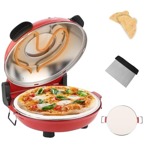 YIBAKE Four à Pizza Électrique, Cuit une Pizza en 4 minutes, Plaque en Pierre Réfractaire de 31cm, Max 420°C Four a Pizza, 1200W, Pelle à Pizza, Grattoir et Recettes inclus, Rouge
