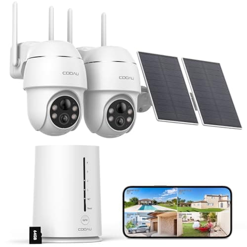 COOAU 4MP Camera Surveillance WiFi exterieure sans Fil - 365 Jours avec Panneau Solaire - Base + 2 Caméras - 2.5K | 64 Go Stockage Local | 360° Panoramique | 4 LED | Cryptage des données