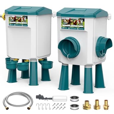 CHAMUTY Mangeoire Poules, Abreuvoir Poules Automatique 7 litres avec Pieds, Flotteur Filtré, Tuyau en Acier Inoxydable de 1,5 m, Distributeur Eau Poule Automatique, Mangeoire Poules Anti Nuisible