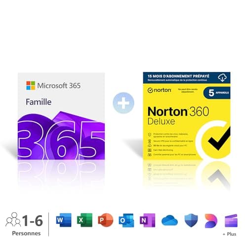 Microsoft 365 Famille │ 12 mois │ 6 utilisateurs │ Jusqu'à 6To de stockage Onedrive │ Applications Office avec IA + Norton 360 Deluxe │ 5 appareils │ 5 utilisateurs │ Code d'activation par email