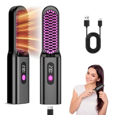Bwaliffury Brosse Lissante Sans Fil,Brosse Lissante Pour Cheveux Professionnel,Mini Lisseur Sans Fil Rechargeable, 9600mAh,248°F-446°F/12 Niveaux,Brosse Chauffante Portable,Fers à Lisser Négatifs Ions
