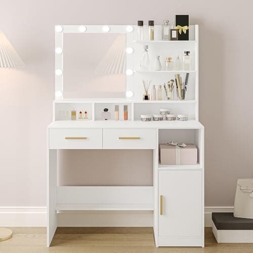 Hzuaneri Coiffeuse avec Miroir et 10 Lumières LED Réglables, Coiffeuse avec 2 Tiroir et 1 Armoire, 3 Étagères et 4 Compartiments Ouverts, Blanc DT32505X
