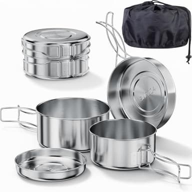 Bestargot Kit de Casserole Camping, 4pcs Compact Kit de Cuisine Camping en Acier Inoxydable, Kit de Popote Bivouac Gamelle Vaisselle Set de Camping Accessoires pour Bivouac Randonnée Outdoor Pêche