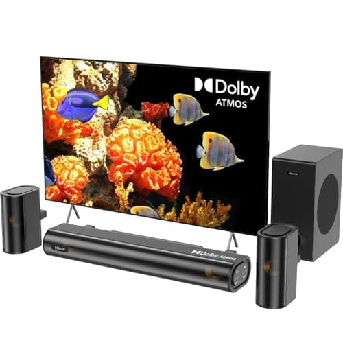 Hiwill 4.1 Dolby Atmos Barre de Son, 300W pour Smart TV avec Caisson de Basses, 2 Enceintes Surround Avant, Barre de Son pour Haut-Parleur TV, Basses réglables, HiElite A41