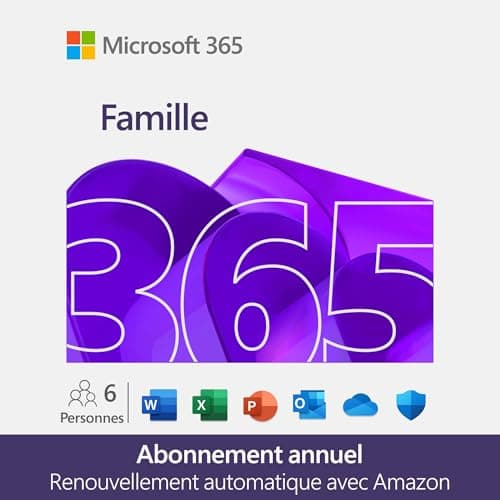 Microsoft 365 Famille | 12 mois | 6 utilisateurs | Applications Office avec IA | Jusqu'à 6To de Stockage Onedrive | Abonnement Amazon avec renouvellement automatique