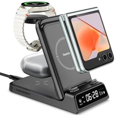SwanScout Station de Charge pour Samsung Z Flip 6/Watch Ultra, 703F, Pliable 3 en 1 Chargeur sans Fil pour Galaxy Z Flip 6/5/4/3/2, Galaxy Watch 7/6/5/5 Pro/4/3, Galaxy Buds 3 Pro/Buds 3 (No Adapter)