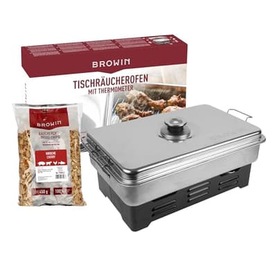 Browin 330010 Fumoir de balcon en acier inoxydable avec thermomètre de cuisine et copeaux de fumage, gris, 11 x 43,5 x 27,5 cm