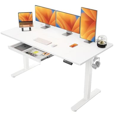 ErGear Bureau Assis Debout Électrique 160 x 80 cm, Bureau Réglable en Hauteur avec Rangement & 4 Préréglages Mémoire, Tiroir Easy-Glide, Design en T pour Stabilité, Table en Plusieurs Sections, Blanc