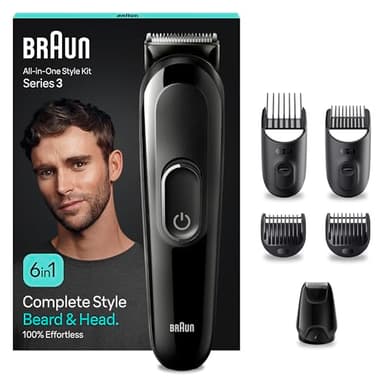 Braun Tondeuse Tout-En-Un Series 3 MGK3410, 6-En-1, Kit Styling Pour Hommes, Barbe, Visage, Cheveux Et D’Autres Zones, Lame Ultra Affûtée Pour Rasage De Précision, Tête Et Sabots Lavables