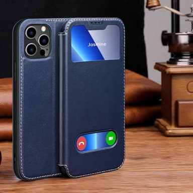 LYWZDZQ Étui de Luxe en Cuir magnétique avec fenêtre pour iPhone 16, 15, 14, 13, 12, 11 Pro Max, XR, X Plus, Portefeuille à Rabat, Support, réponse Gratuite, Bleu, pour iPhone 11