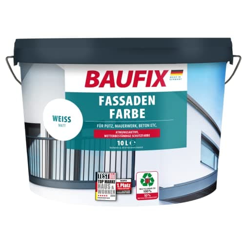 BAUFIX Peinture de façade blanc, mate, 10 litres, Peinture mur extérieur, Peinture respirante pour l'extérieur, hydrofuge, résistante aux intempéries, pour une protection longue durée