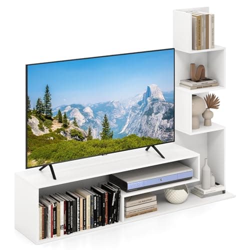COSTWAY Meuble TV Cubique, Bibliothèque en L pour Télé 50", 7 Étagères Ouvertes, Étagère Colonne pour Petite Espace, Salon, Chambre, Kits Anti-basculement Inclus (Blanc)