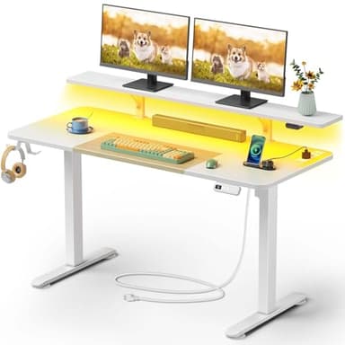 Rolanstar Bureau Assis Debout Électrique 140x60 cm, Table Réglable avec LED, Prise et Ports USB, Bureau Moderne Blanc pour Télétravail ou Espace de Travail