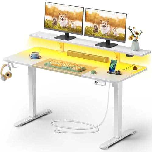 Rolanstar Bureau Assis Debout Électrique 140x60 cm, Table Réglable avec LED, Prise et Ports USB, Bureau Moderne Blanc pour Télétravail ou Espace de Travail